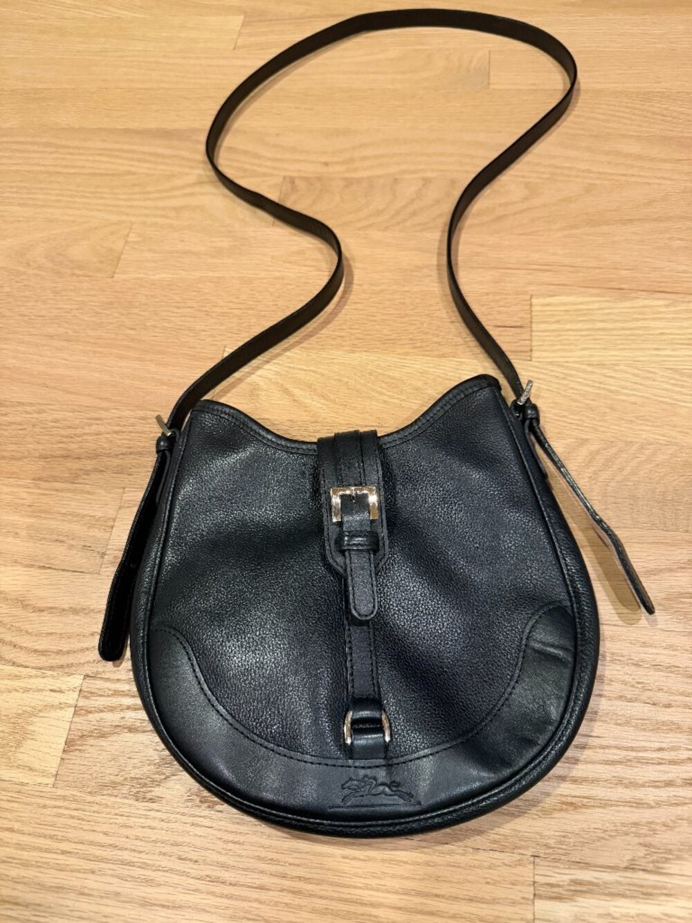 Longchamp Black Leather Buckle Crossbody Hobo Bag